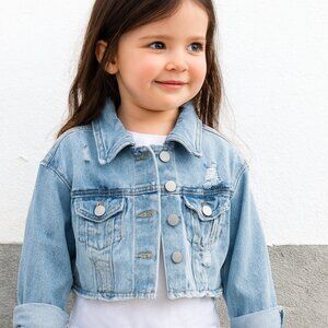 Wonder Nation Cropped Jean Jacket Denim Distressed Button Down Light Blue S 6-6X